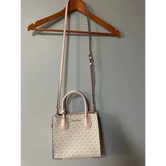 Michael Kors Small Tote Crossbody Bag Signature MK Vanilla Pink Leather Handles - Picture 1 of 6
